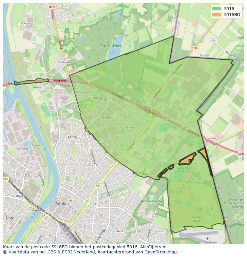 Afbeelding van het postcodegebied 5916 BD op de kaart.