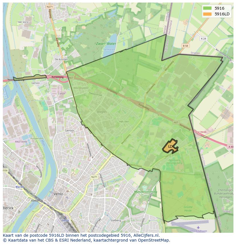 Afbeelding van het postcodegebied 5916 LD op de kaart.