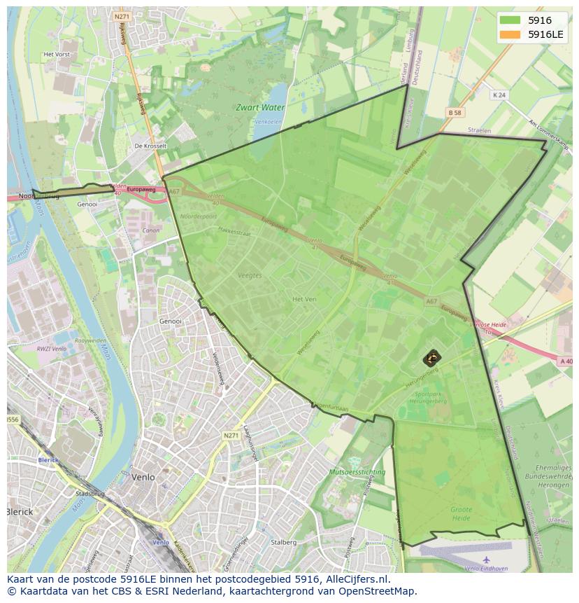 Afbeelding van het postcodegebied 5916 LE op de kaart.