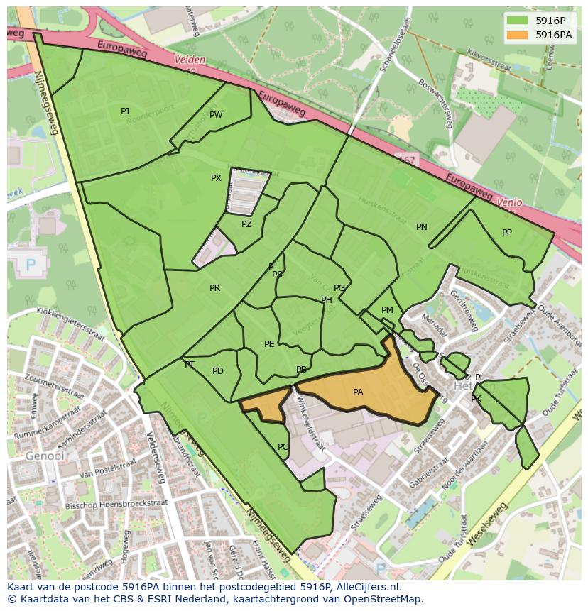 Afbeelding van het postcodegebied 5916 PA op de kaart.