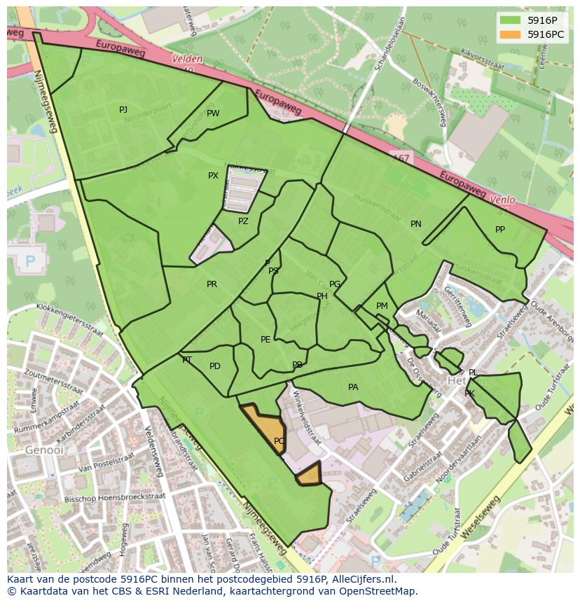 Afbeelding van het postcodegebied 5916 PC op de kaart.