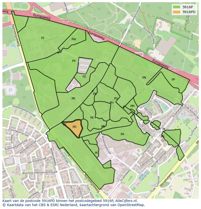 Afbeelding van het postcodegebied 5916 PD op de kaart.