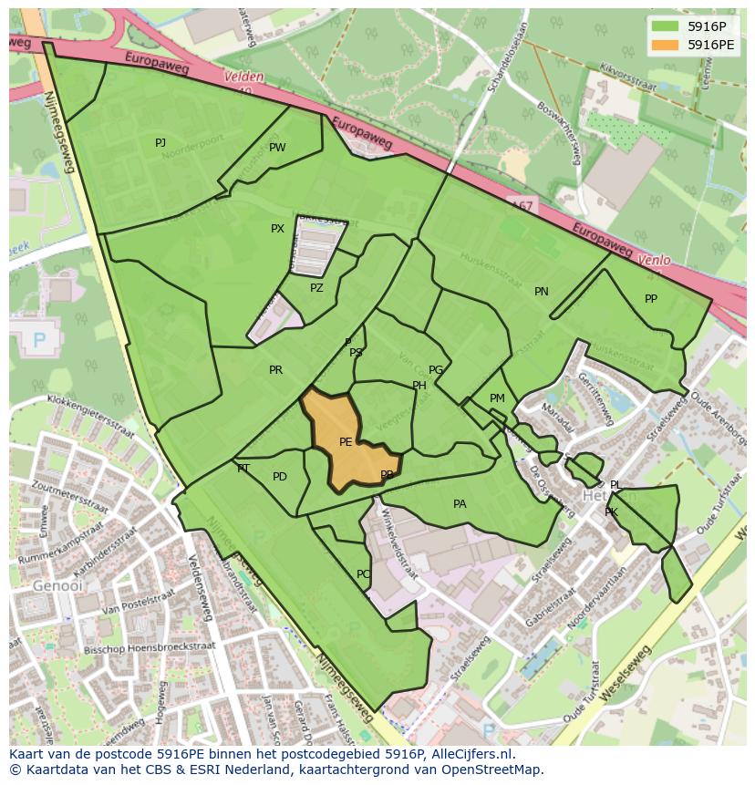 Afbeelding van het postcodegebied 5916 PE op de kaart.