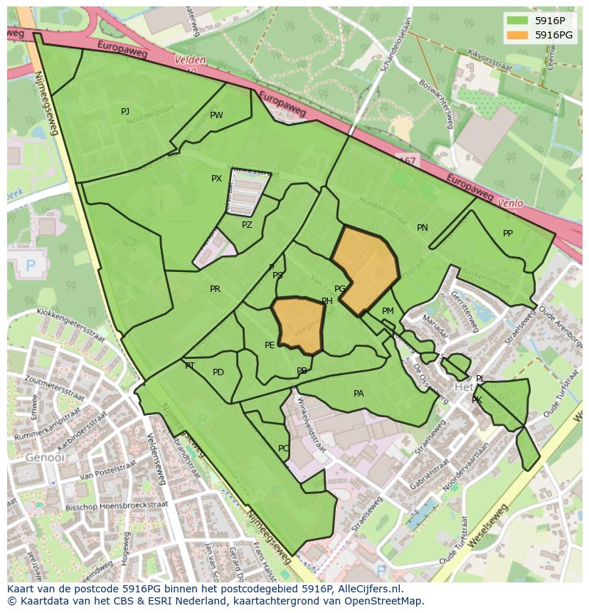 Afbeelding van het postcodegebied 5916 PG op de kaart.