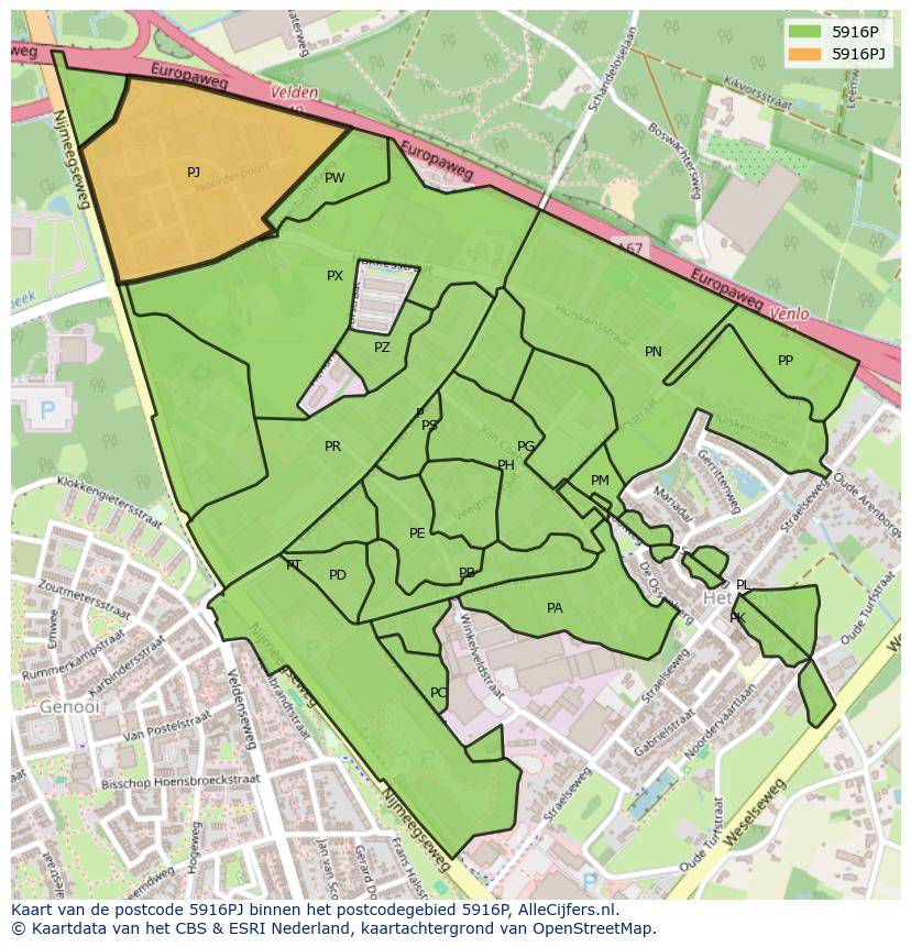 Afbeelding van het postcodegebied 5916 PJ op de kaart.