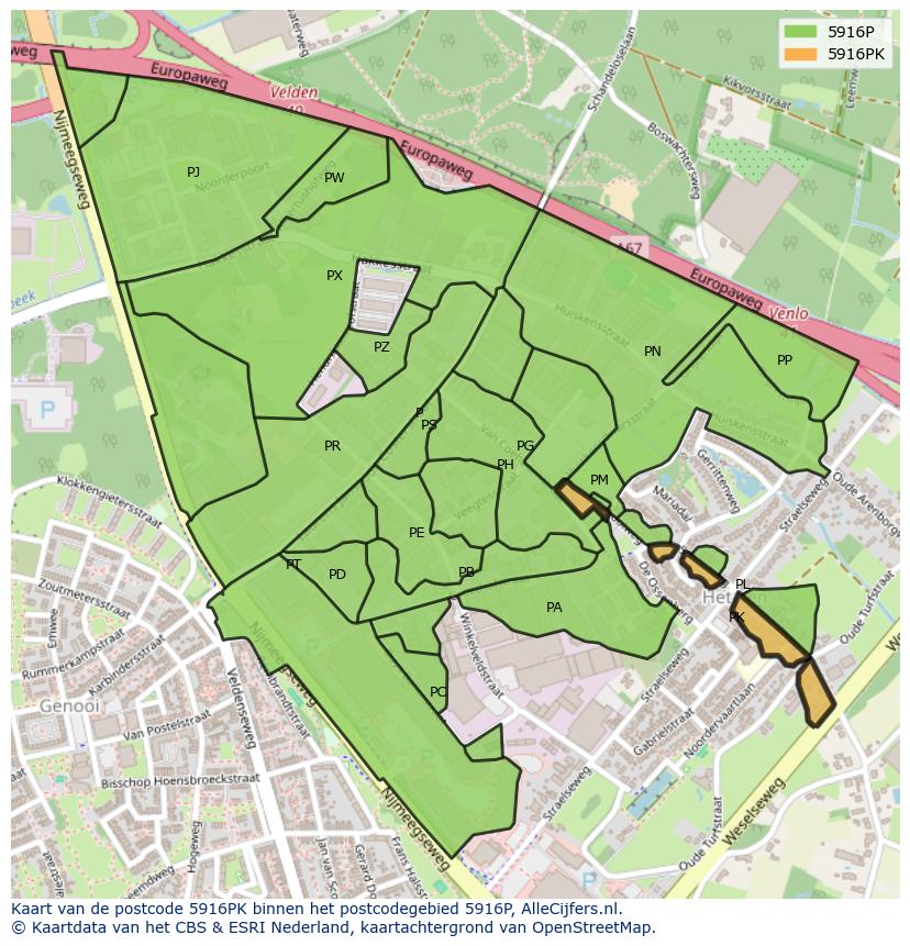 Afbeelding van het postcodegebied 5916 PK op de kaart.