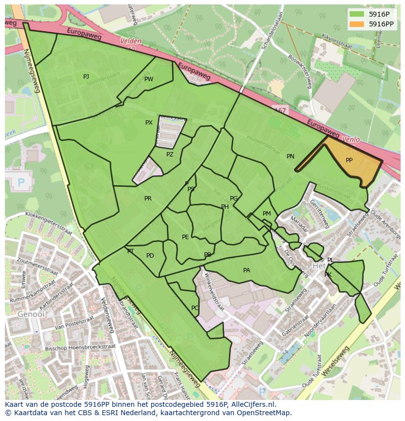 Afbeelding van het postcodegebied 5916 PP op de kaart.