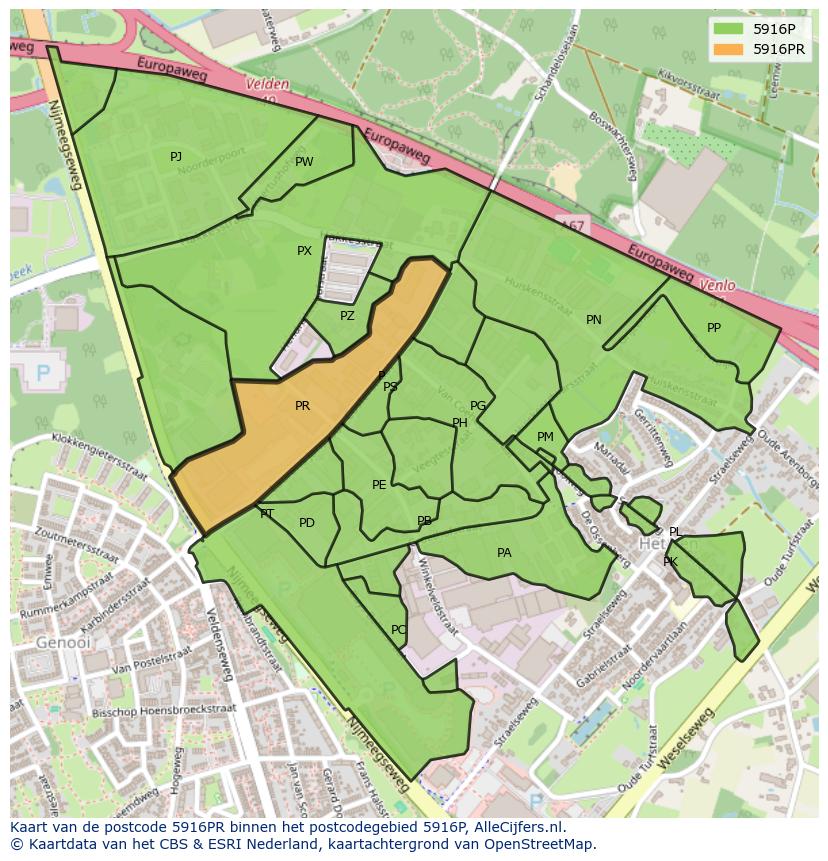 Afbeelding van het postcodegebied 5916 PR op de kaart.