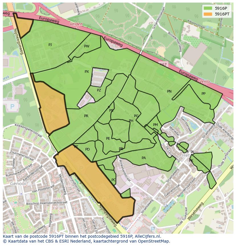 Afbeelding van het postcodegebied 5916 PT op de kaart.