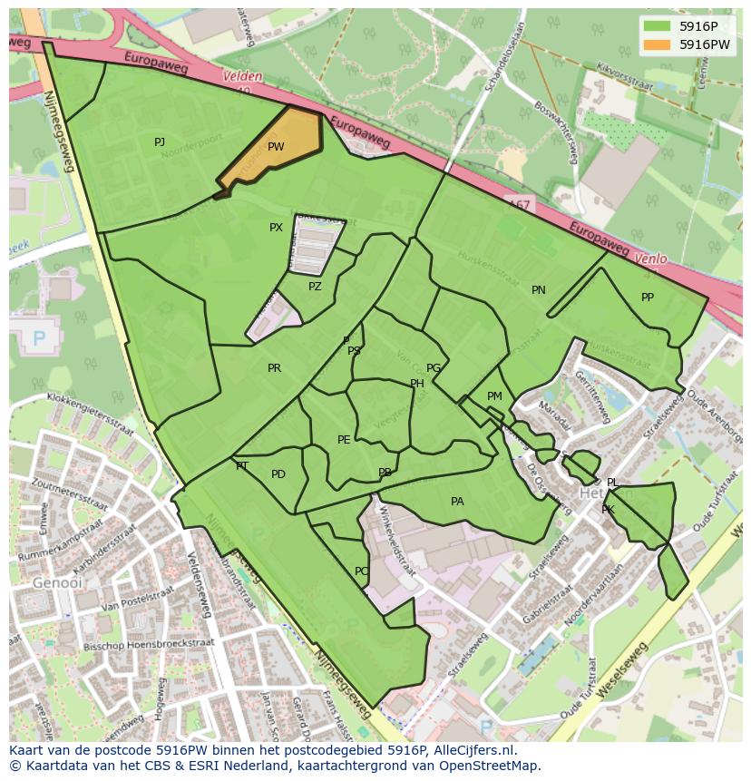 Afbeelding van het postcodegebied 5916 PW op de kaart.