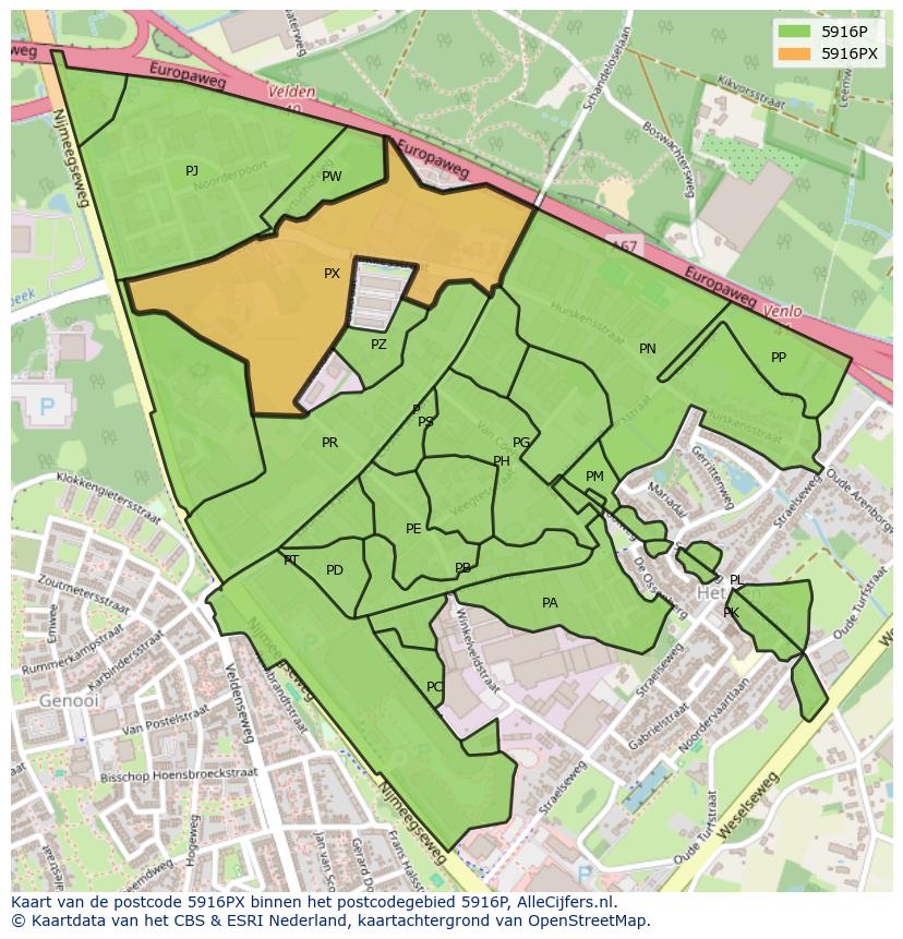 Afbeelding van het postcodegebied 5916 PX op de kaart.