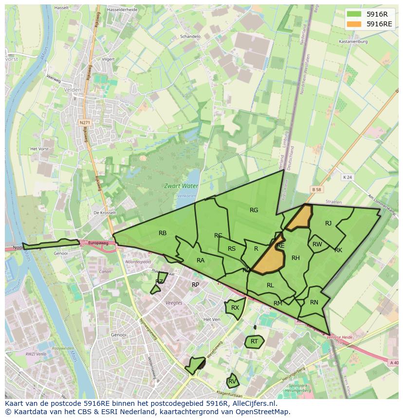 Afbeelding van het postcodegebied 5916 RE op de kaart.