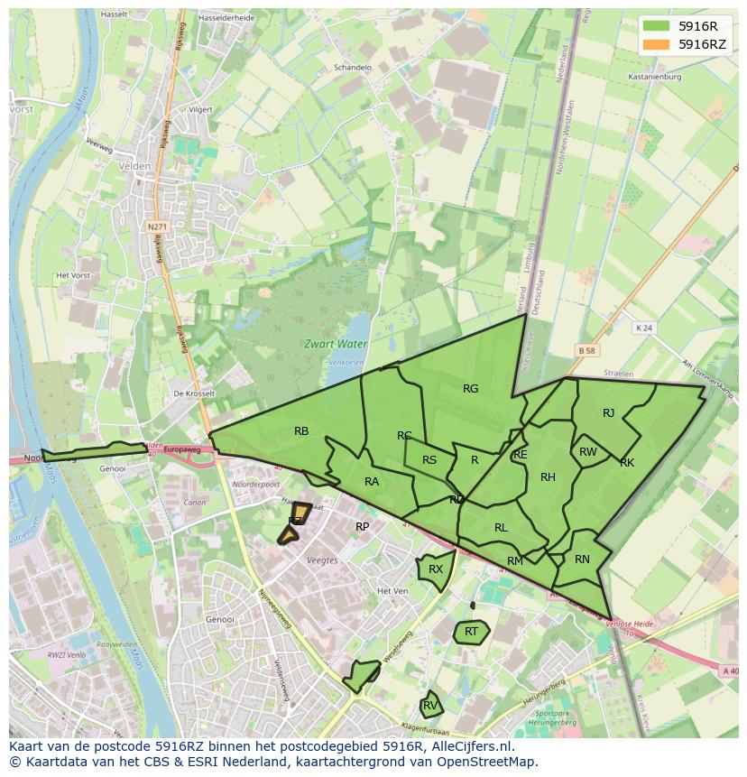 Afbeelding van het postcodegebied 5916 RZ op de kaart.