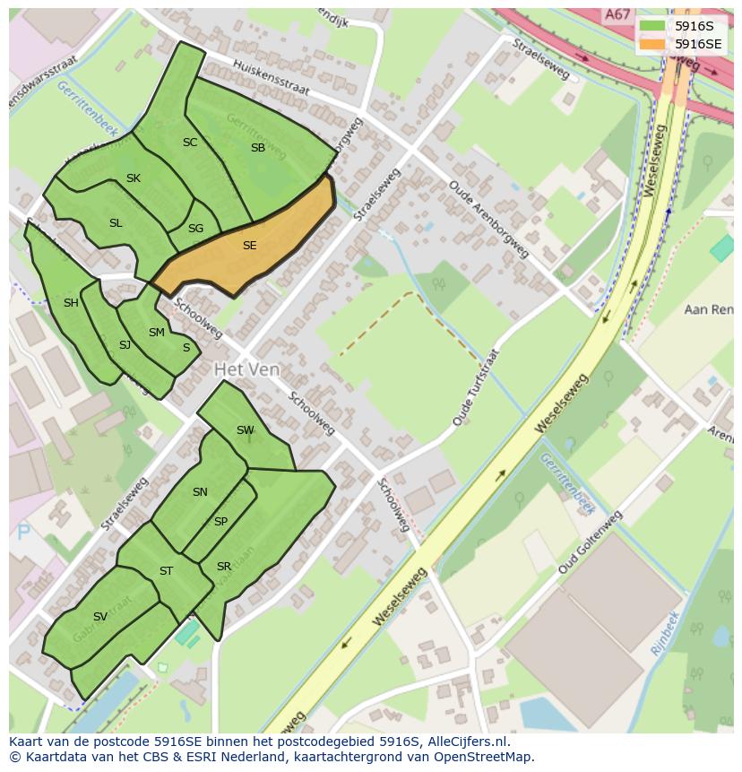 Afbeelding van het postcodegebied 5916 SE op de kaart.