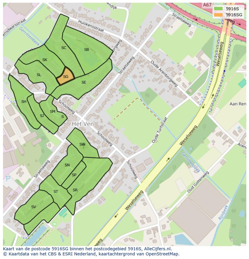 Afbeelding van het postcodegebied 5916 SG op de kaart.