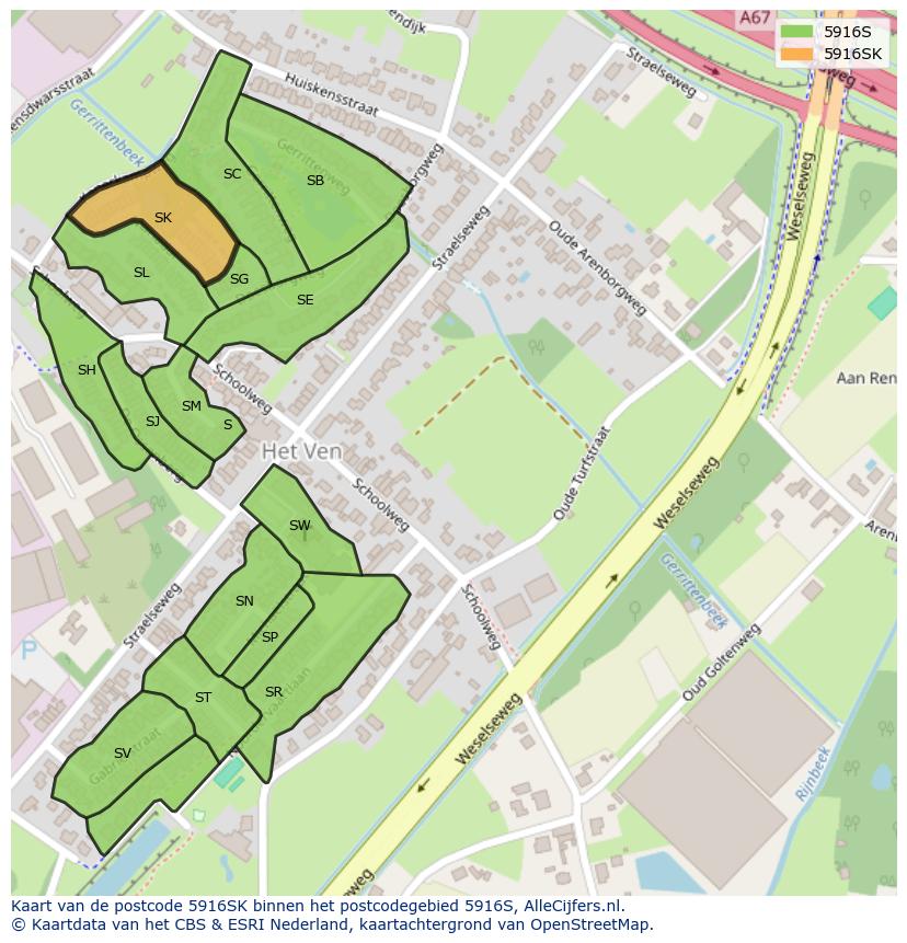 Afbeelding van het postcodegebied 5916 SK op de kaart.