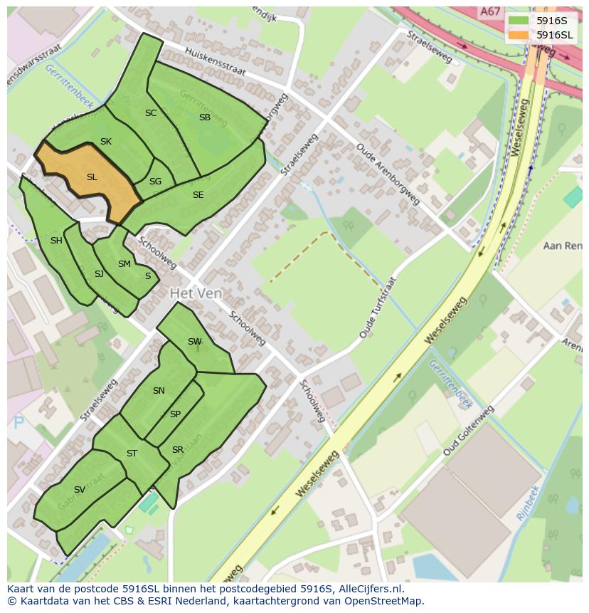 Afbeelding van het postcodegebied 5916 SL op de kaart.