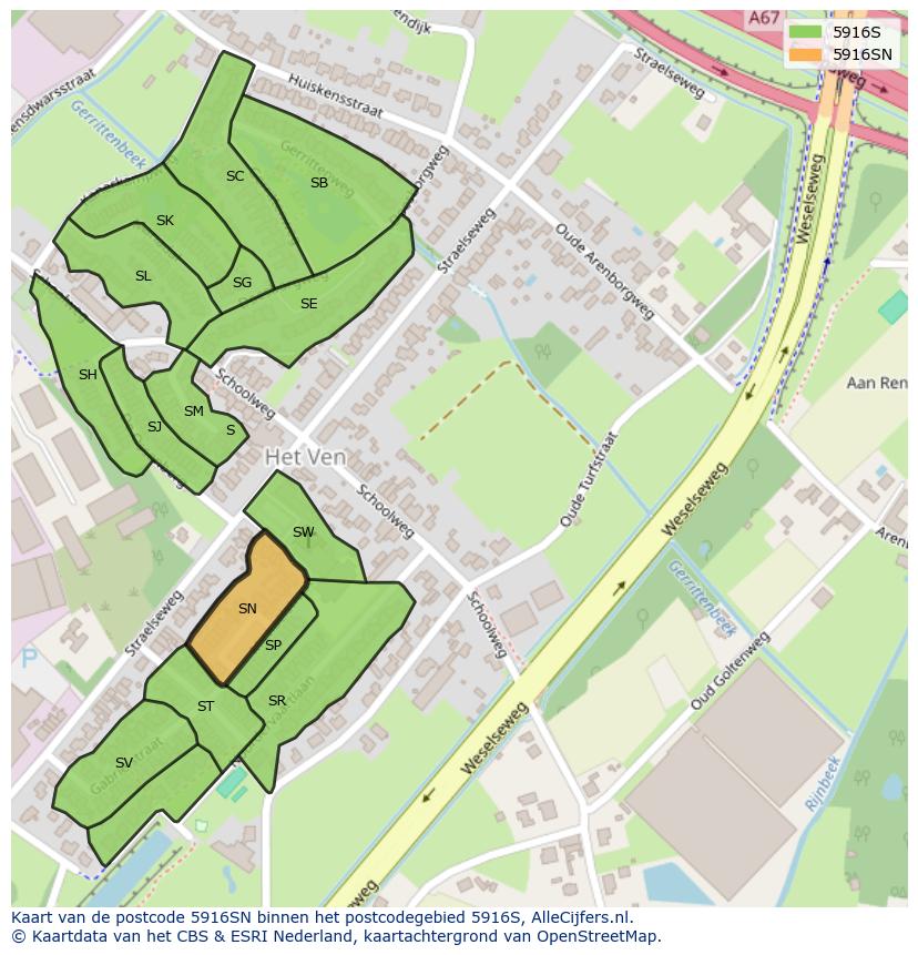 Afbeelding van het postcodegebied 5916 SN op de kaart.