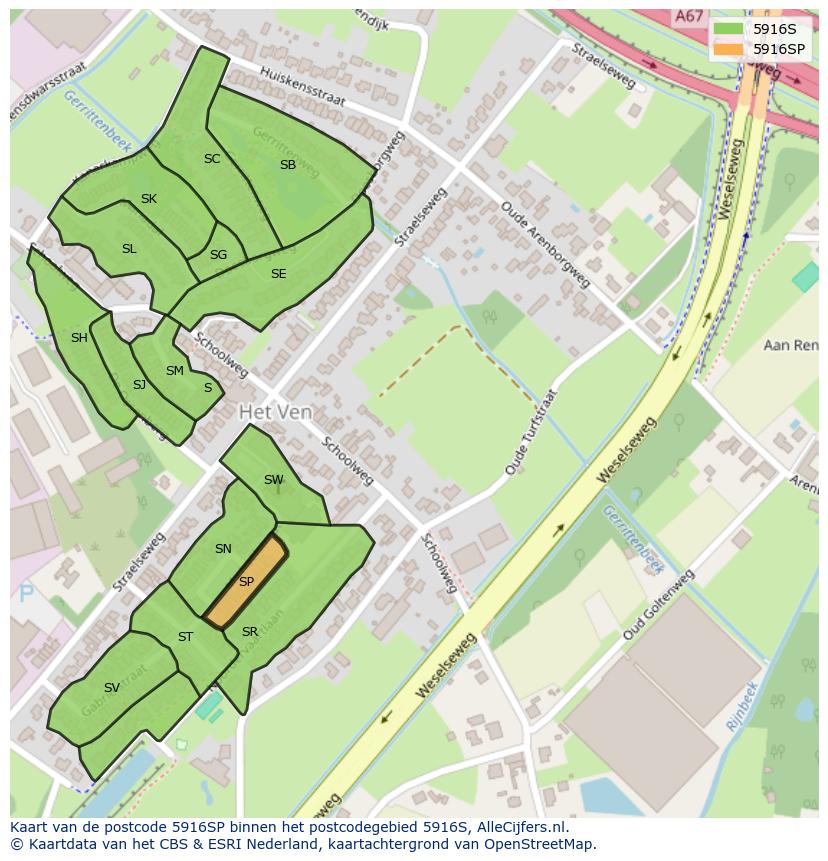 Afbeelding van het postcodegebied 5916 SP op de kaart.