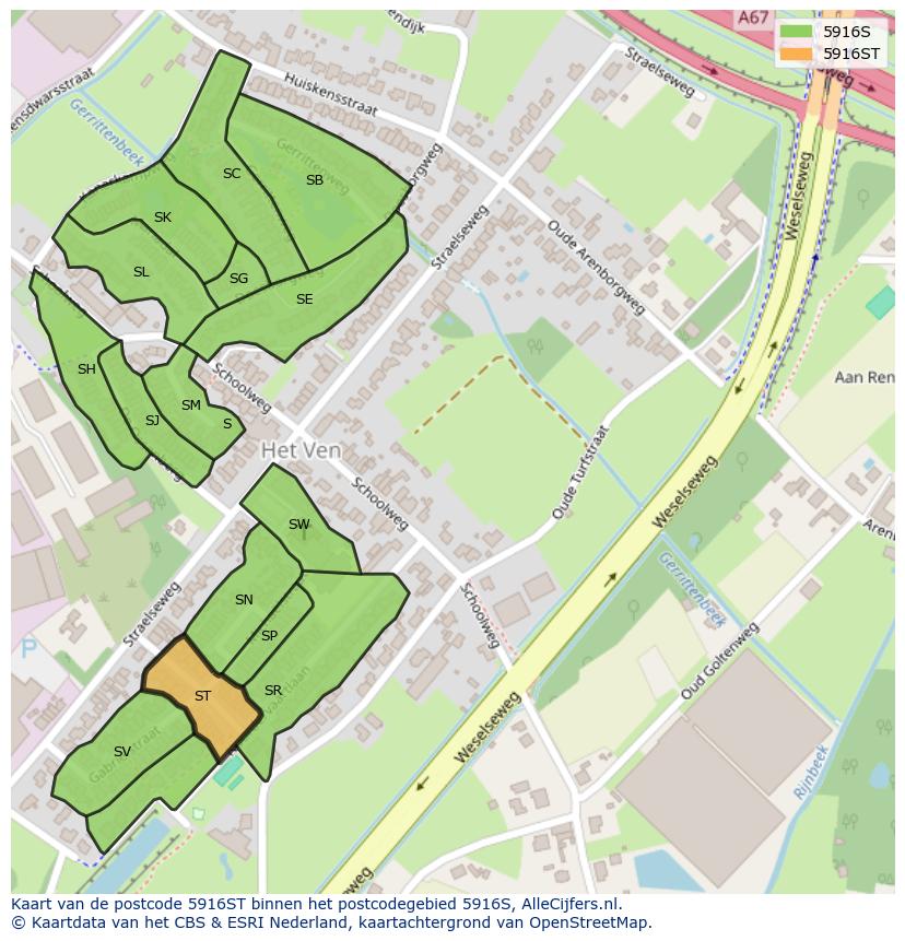 Afbeelding van het postcodegebied 5916 ST op de kaart.