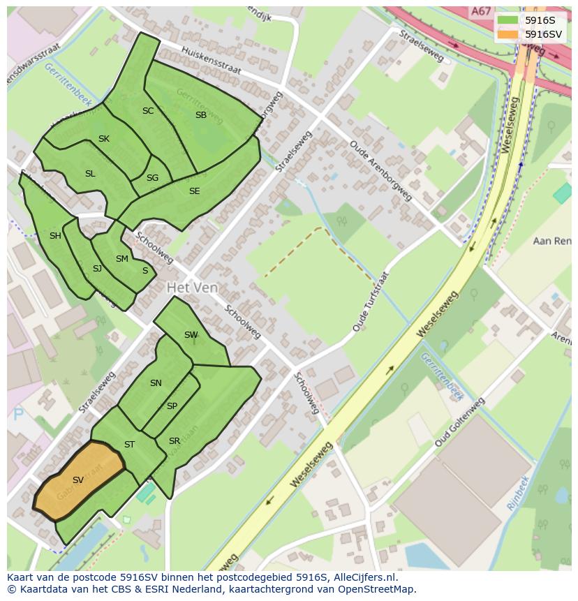 Afbeelding van het postcodegebied 5916 SV op de kaart.