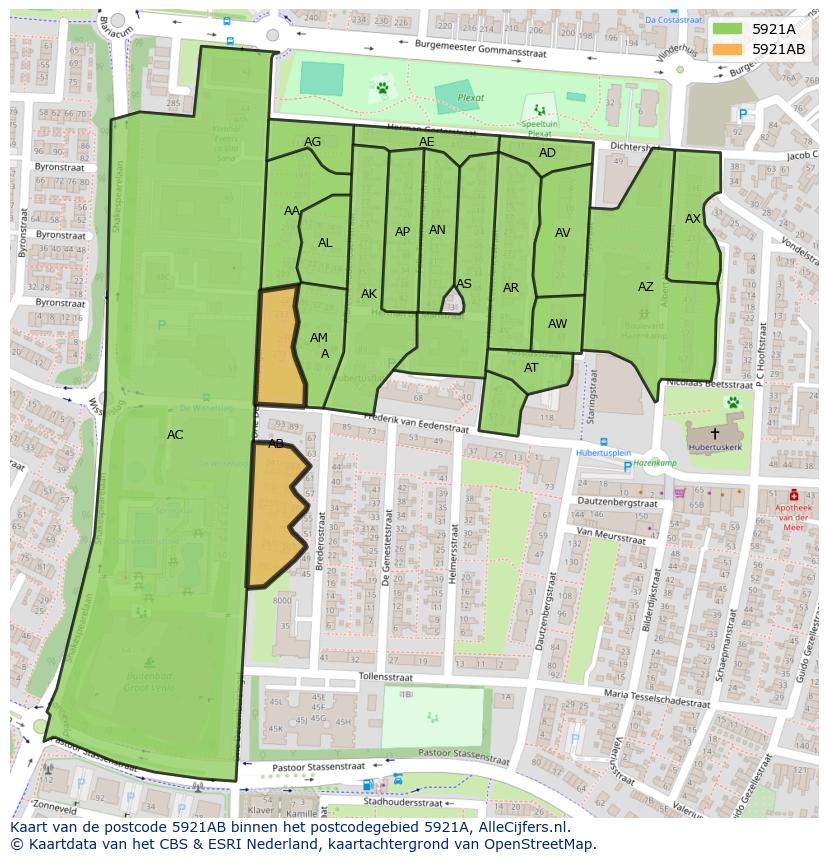 Afbeelding van het postcodegebied 5921 AB op de kaart.