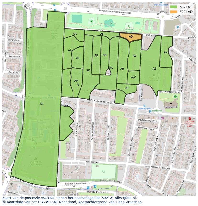 Afbeelding van het postcodegebied 5921 AD op de kaart.