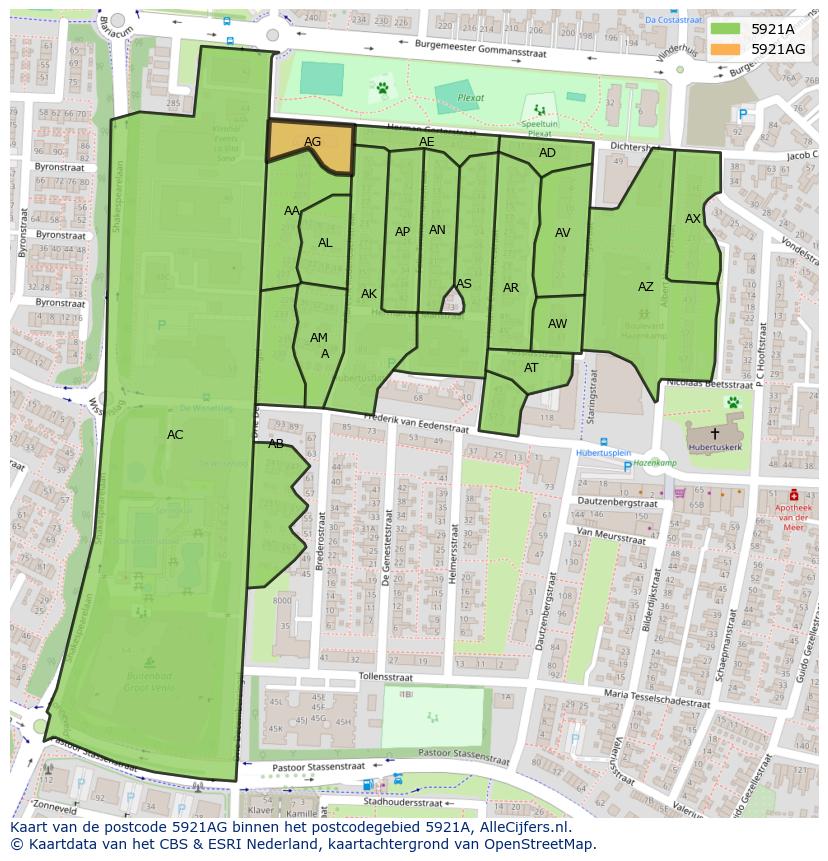 Afbeelding van het postcodegebied 5921 AG op de kaart.