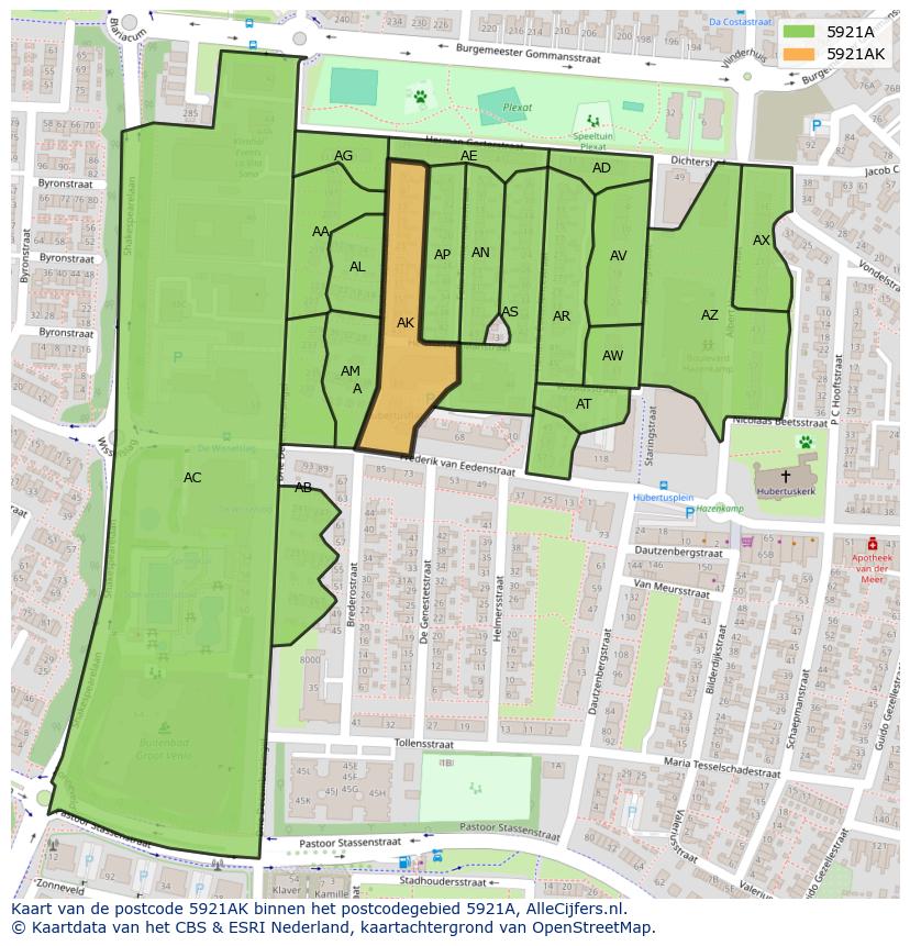 Afbeelding van het postcodegebied 5921 AK op de kaart.