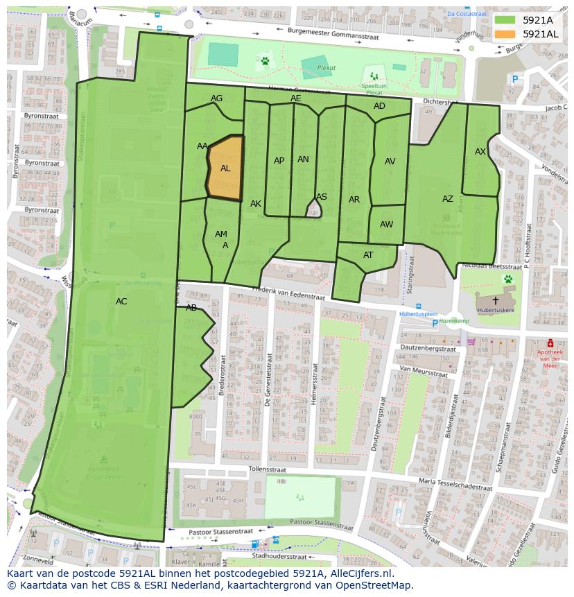 Afbeelding van het postcodegebied 5921 AL op de kaart.