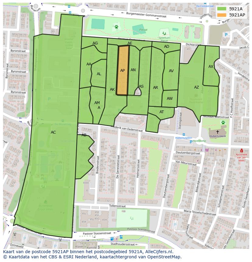 Afbeelding van het postcodegebied 5921 AP op de kaart.