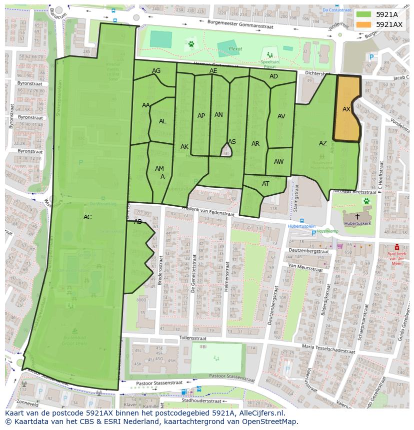Afbeelding van het postcodegebied 5921 AX op de kaart.