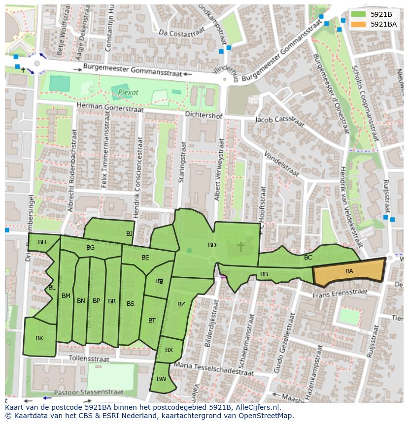 Afbeelding van het postcodegebied 5921 BA op de kaart.