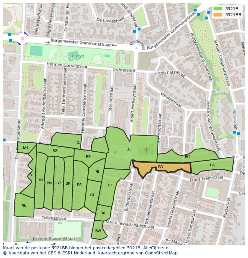 Afbeelding van het postcodegebied 5921 BB op de kaart.