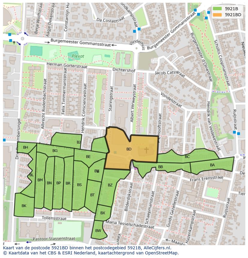 Afbeelding van het postcodegebied 5921 BD op de kaart.
