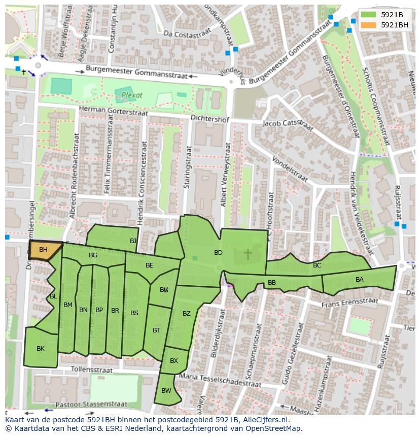 Afbeelding van het postcodegebied 5921 BH op de kaart.