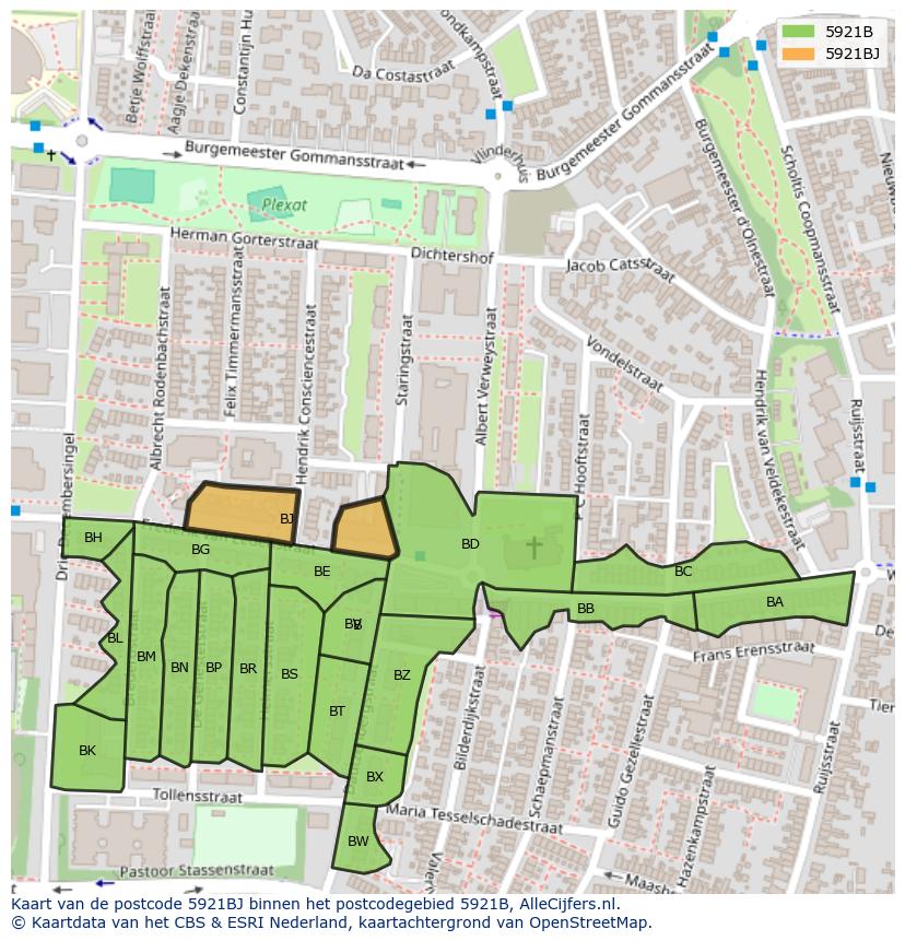 Afbeelding van het postcodegebied 5921 BJ op de kaart.