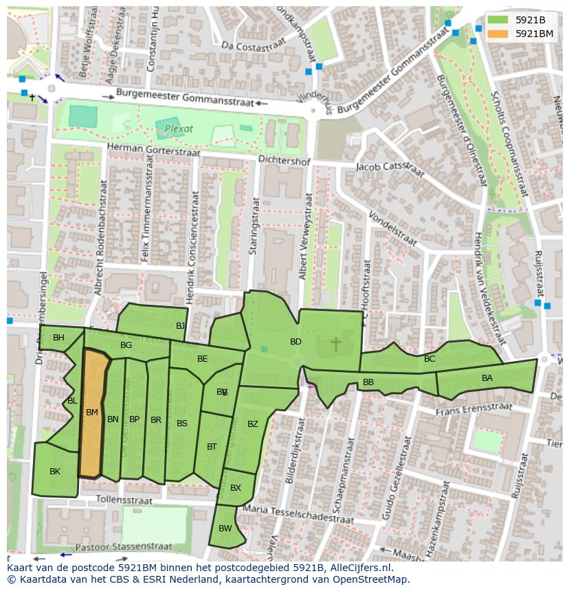 Afbeelding van het postcodegebied 5921 BM op de kaart.