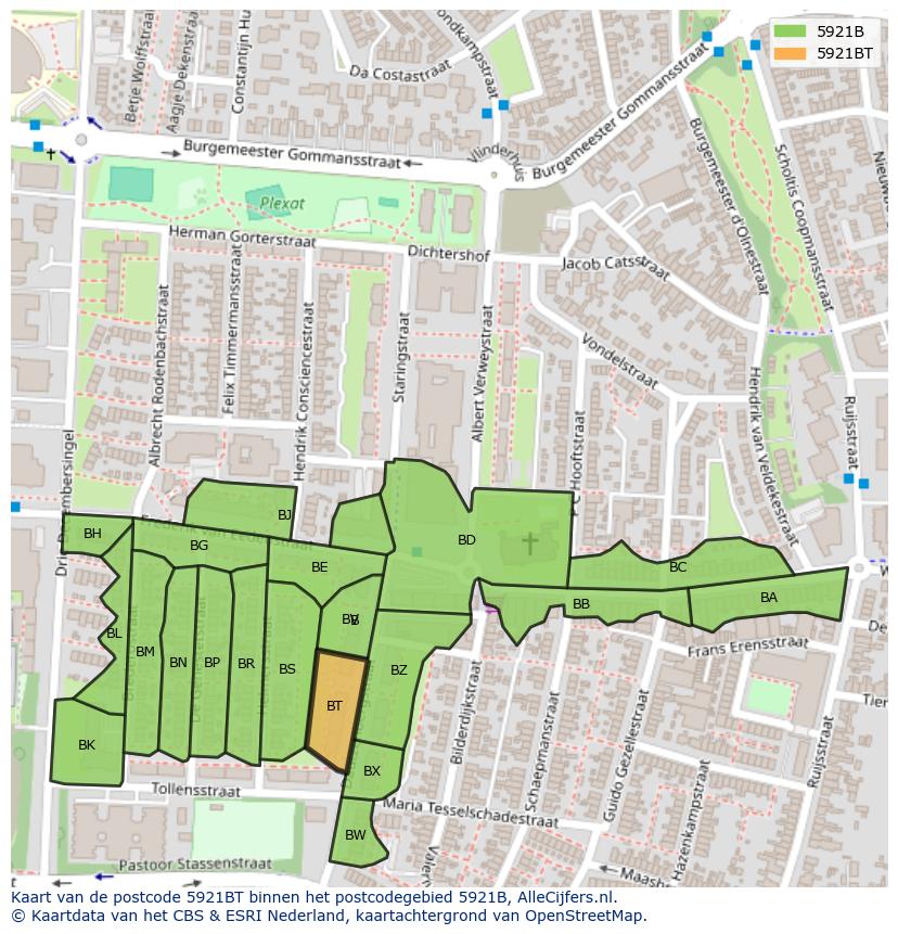 Afbeelding van het postcodegebied 5921 BT op de kaart.