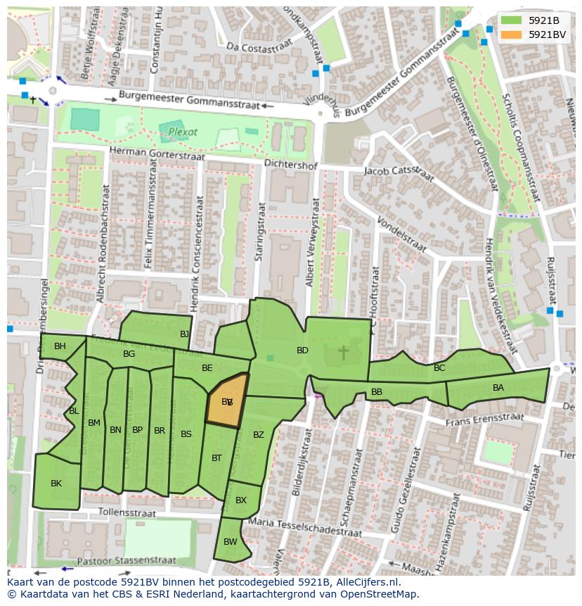 Afbeelding van het postcodegebied 5921 BV op de kaart.