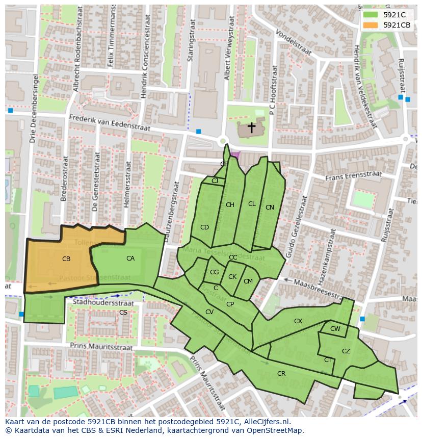 Afbeelding van het postcodegebied 5921 CB op de kaart.