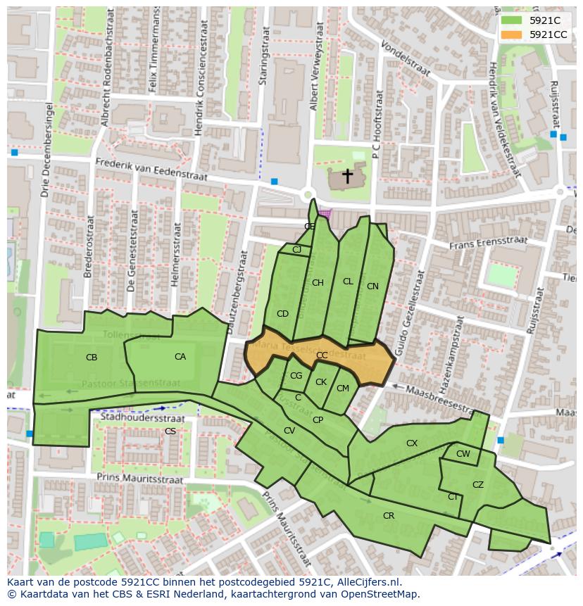 Afbeelding van het postcodegebied 5921 CC op de kaart.