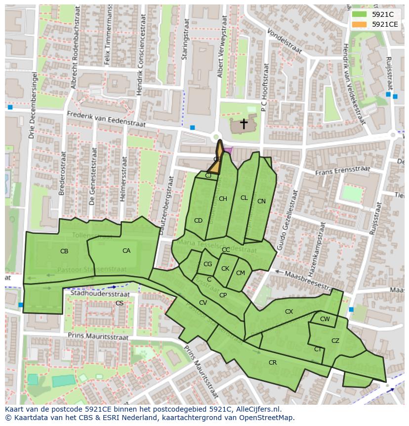 Afbeelding van het postcodegebied 5921 CE op de kaart.