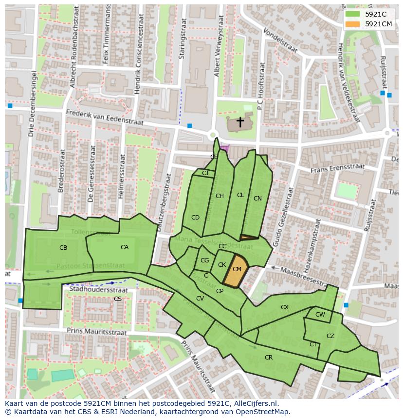 Afbeelding van het postcodegebied 5921 CM op de kaart.