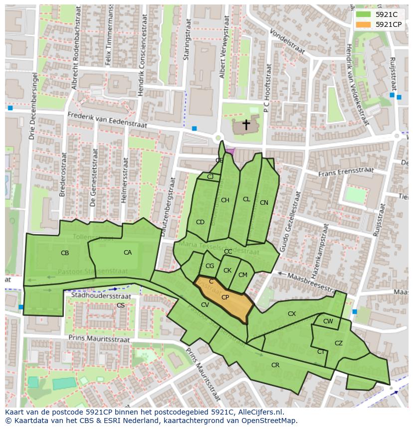 Afbeelding van het postcodegebied 5921 CP op de kaart.