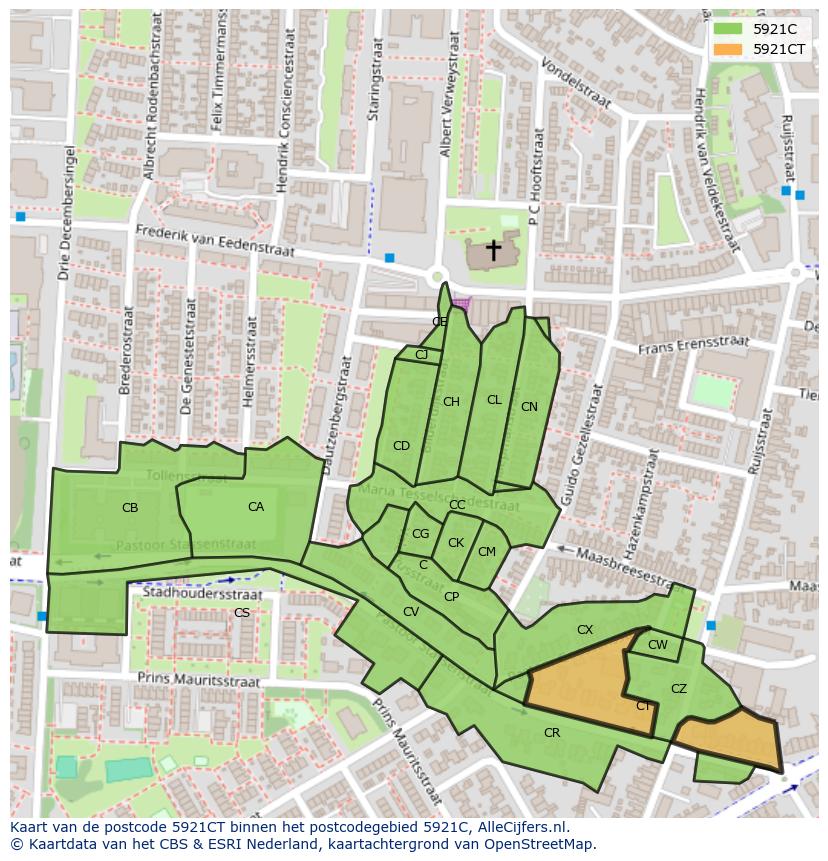 Afbeelding van het postcodegebied 5921 CT op de kaart.