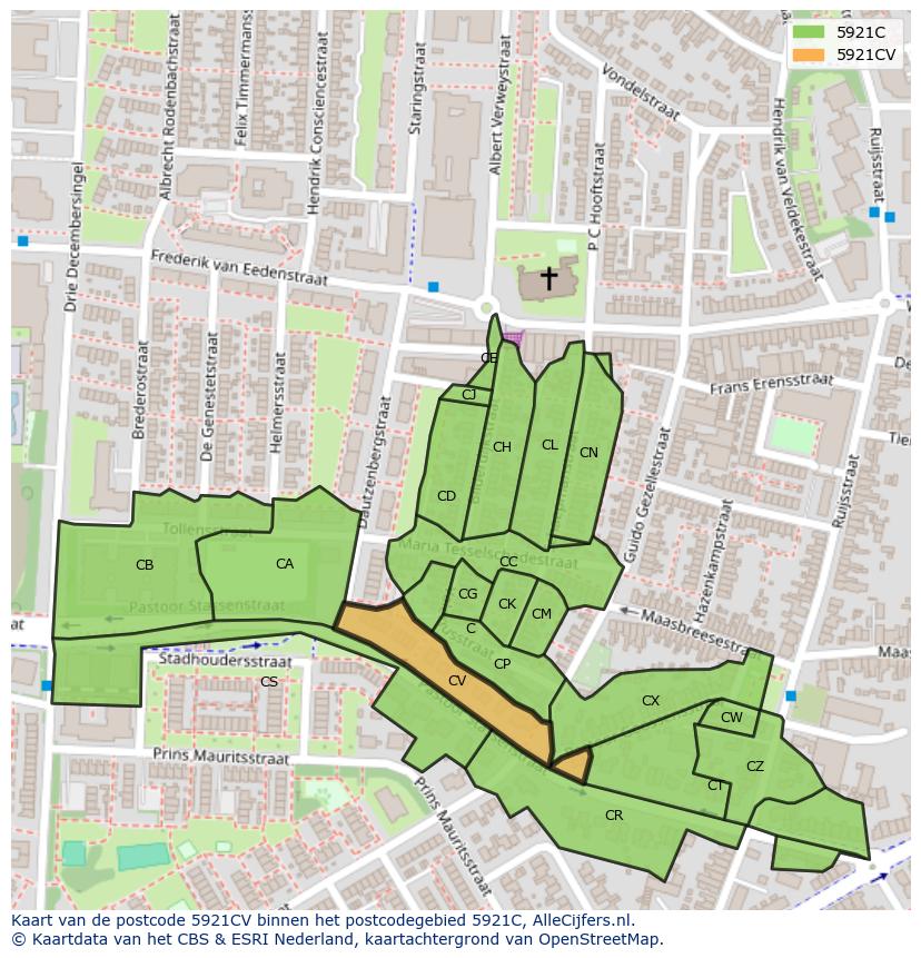 Afbeelding van het postcodegebied 5921 CV op de kaart.