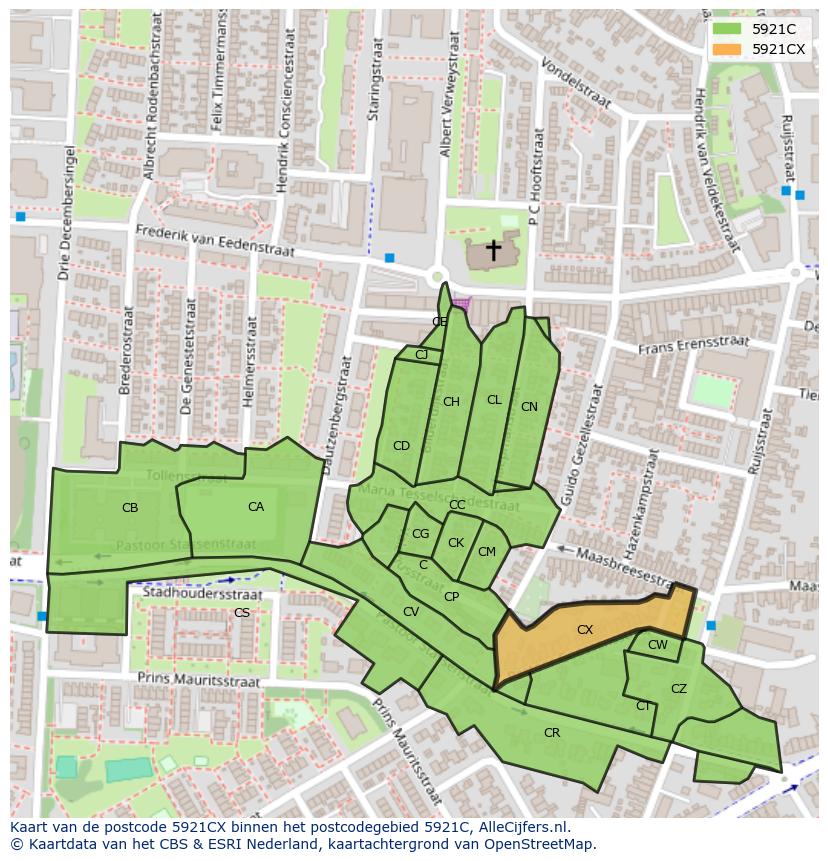 Afbeelding van het postcodegebied 5921 CX op de kaart.