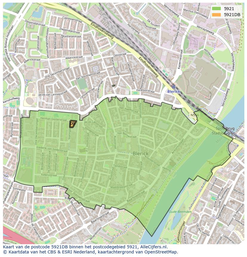 Afbeelding van het postcodegebied 5921 DB op de kaart.