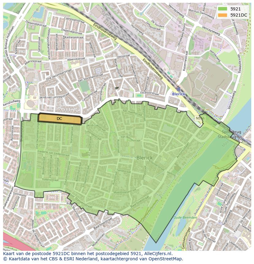Afbeelding van het postcodegebied 5921 DC op de kaart.